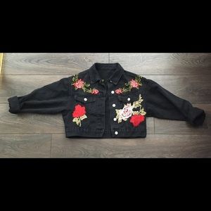 Black Cropped Denim Jacket w/ Embroidered Flowers